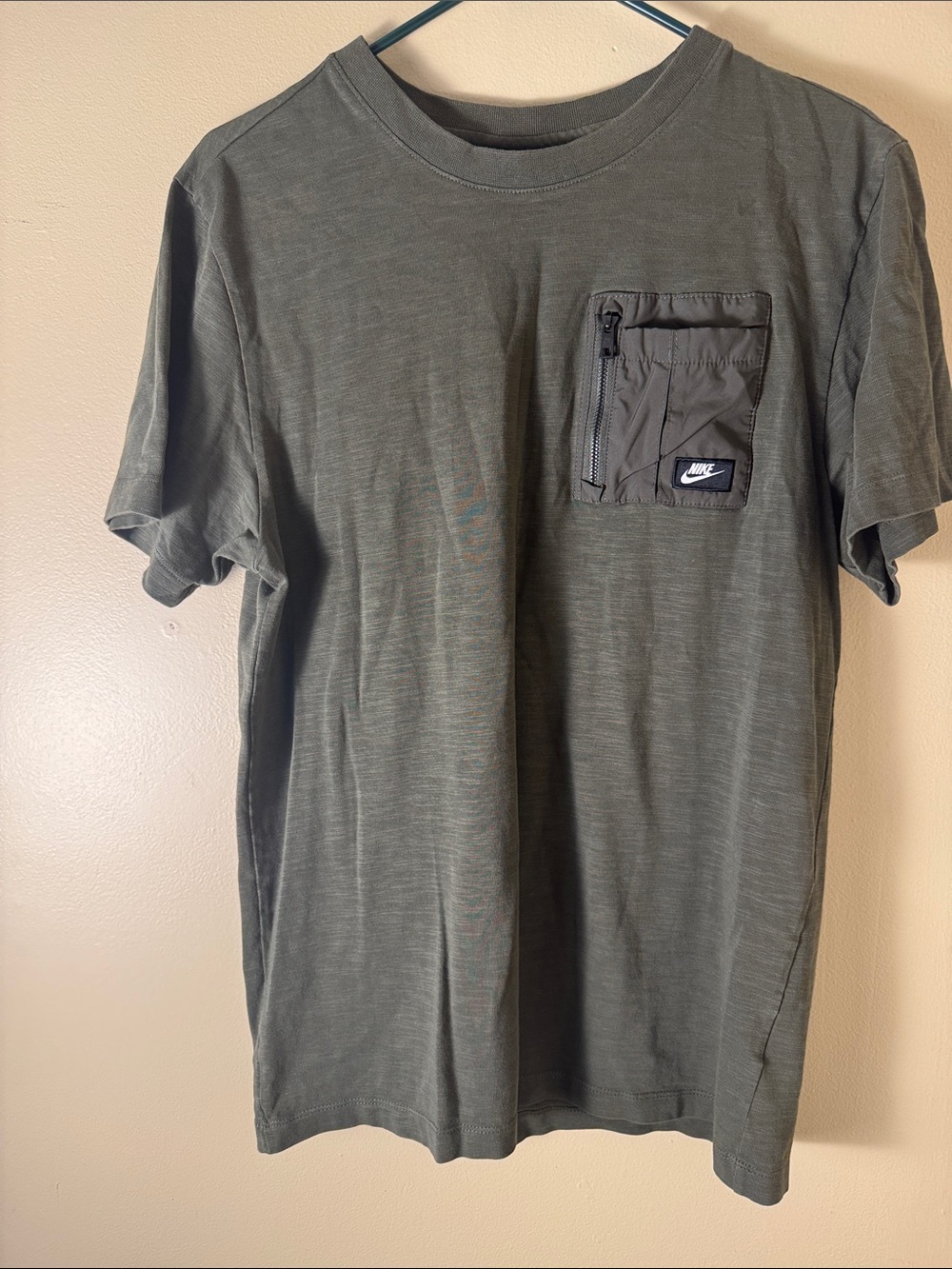 Nike Olive Green Short Sleeve T-Shirt with Zipper Chest Pocket